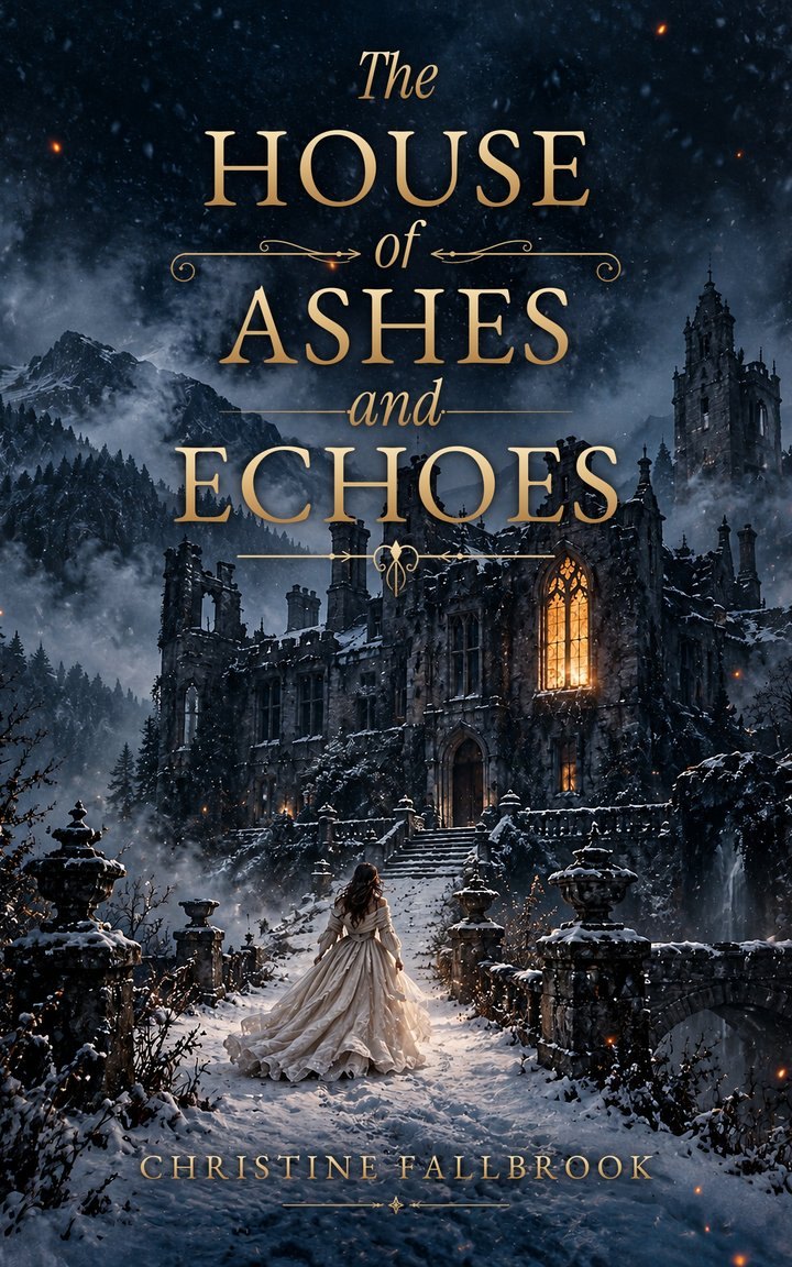 Cover of The House of Ashes and Echoes by Christine Fallbrook: a woman in a white gown walks through snow toward a dark manor with one lit window.